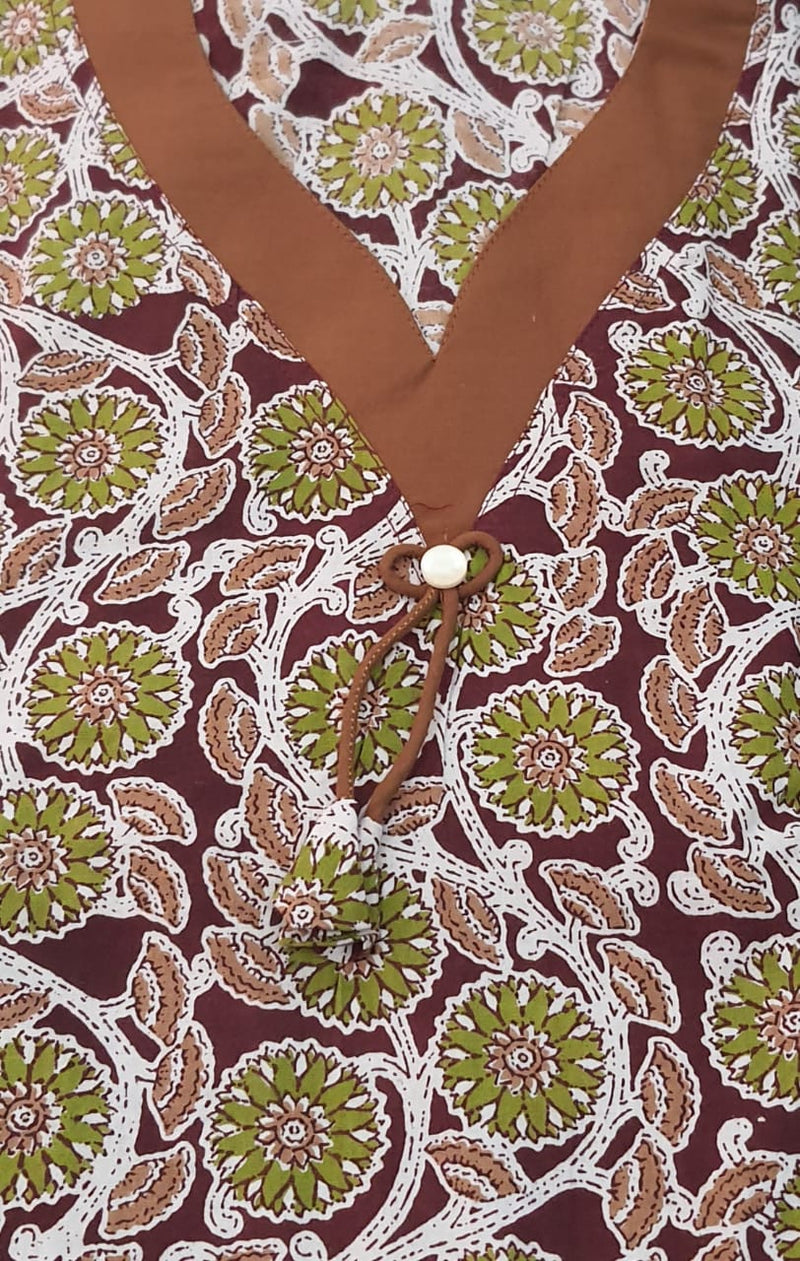 Brown/Green Flora Pure Cotton Kaftan .Pure Durable Cotton | Laces and Frills - Laces and Frills