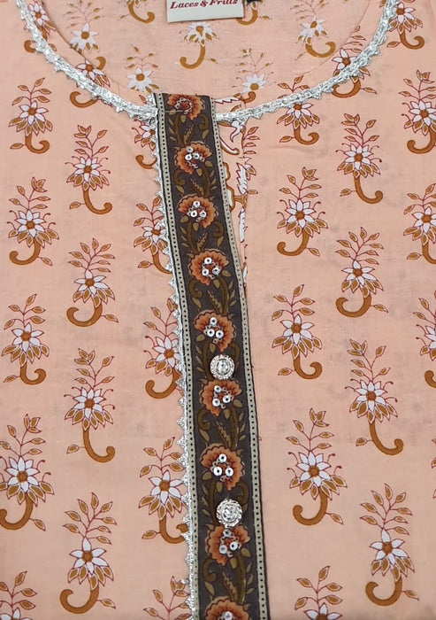 Peach Floral Motif Jaipuri Cotton Kurti. Pure Versatile Cotton. | Laces and Frills - Laces and Frills