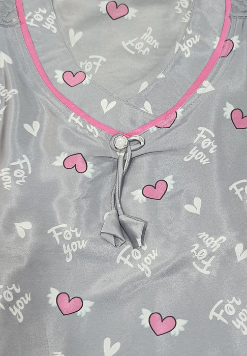 Ash Grey Hearts Satin Cotton Extra Large Nighty . Soft Silky Satin | Laces and Frills - Laces and Frills