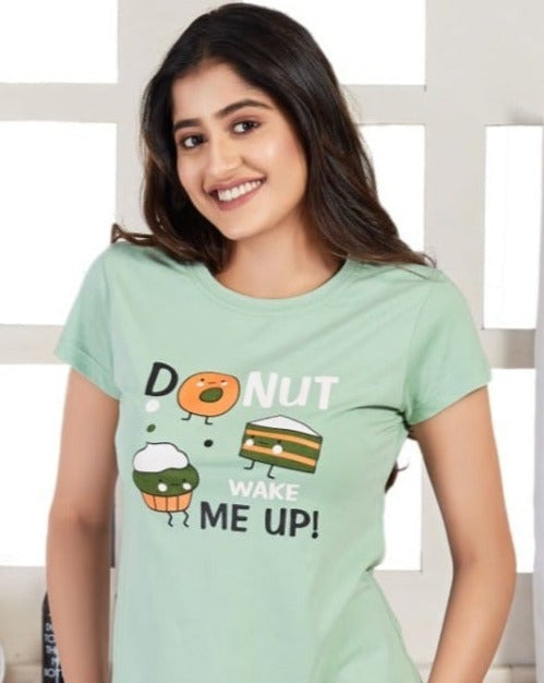 Green Donut Women's Cotton Printed Shorts Set | Pure Cotton Hosiery | Laces and Frills - Laces and Frills