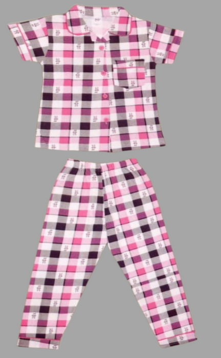 Pink/White Checks Girls Printed Night Suit Set . Girls Night Wear | Laces and Frills - Laces and Frills