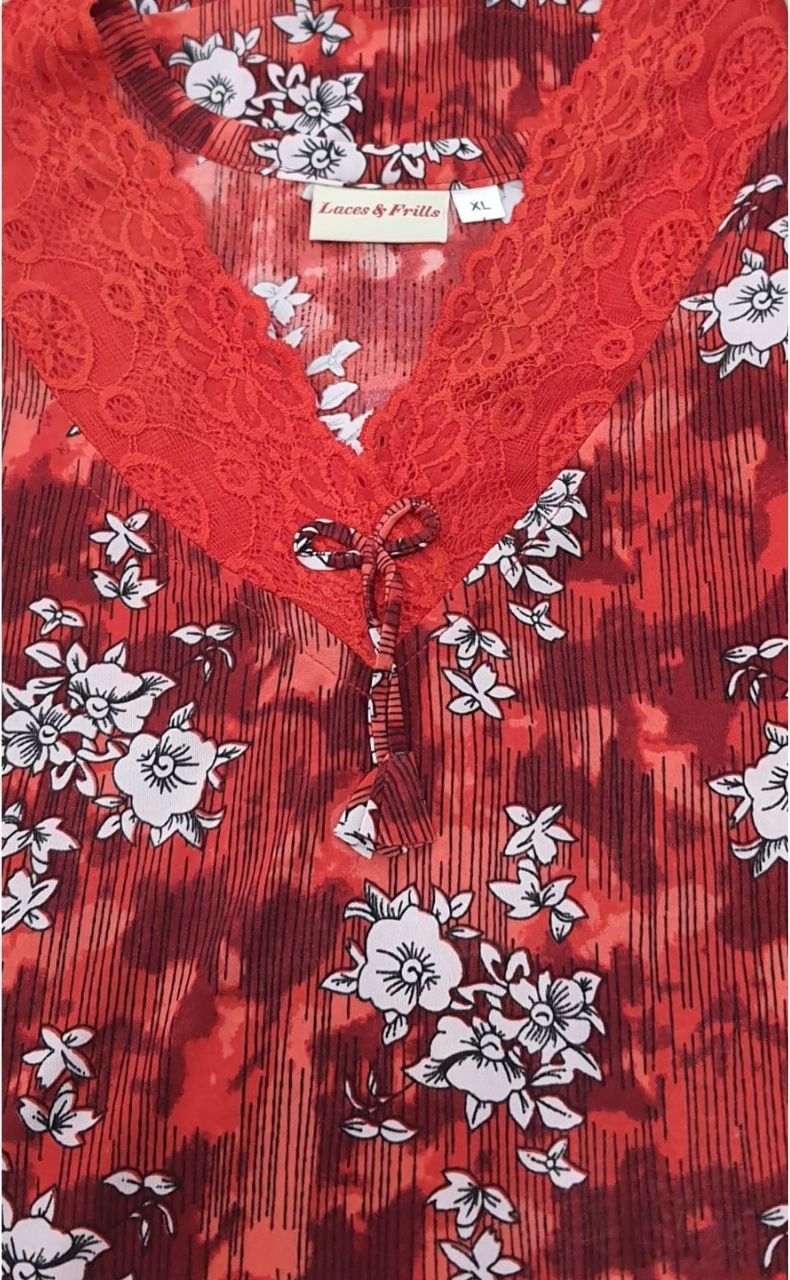 Red Garden Lycra Soft Extra Large Nighty . Stretchable Lycra Fabric | Laces and Frills - Laces and Frills