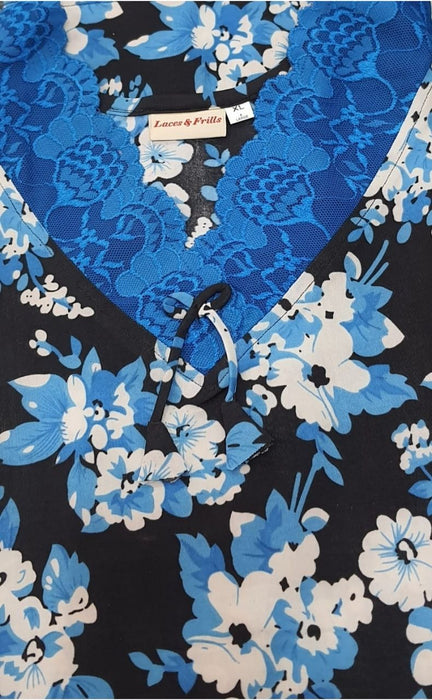 Black/Blue Garden Lycra Soft Extra Large Nighty . Stretchable Lycra Fabric | Laces and Frills - Laces and Frills