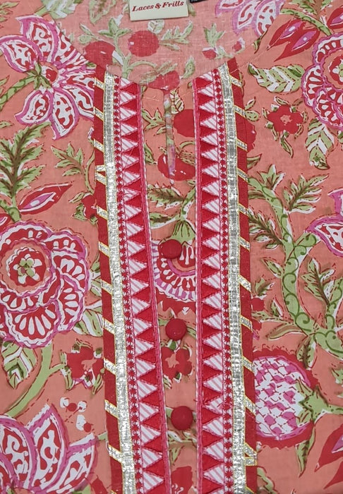 Peach Floral Garden Jaipuri Cotton Kurti. Pure Versatile Cotton. | Laces and Frills - Laces and Frills