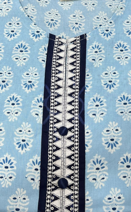 Light Blue Flora Jaipuri Cotton Kurti. Pure Versatile Cotton. | Laces and Frills - Laces and Frills