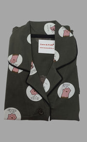 Dark Green Paw Women's Button Me Up Cotton Printed Night Suit Set | Pure Cotton Hosiery | Laces and Frills - Laces and Frills