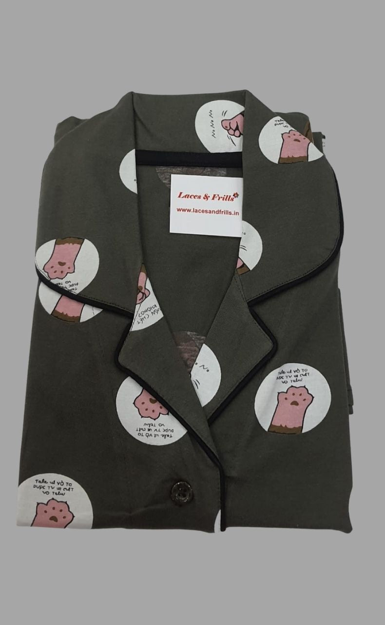 Dark Green Paw Women's Button Me Up Cotton Printed Night Suit Set | Pure Cotton Hosiery | Laces and Frills - Laces and Frills