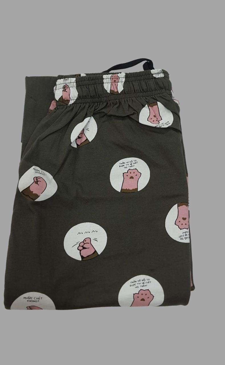 Dark Green Paw Women's Button Me Up Cotton Printed Night Suit Set | Pure Cotton Hosiery | Laces and Frills - Laces and Frills